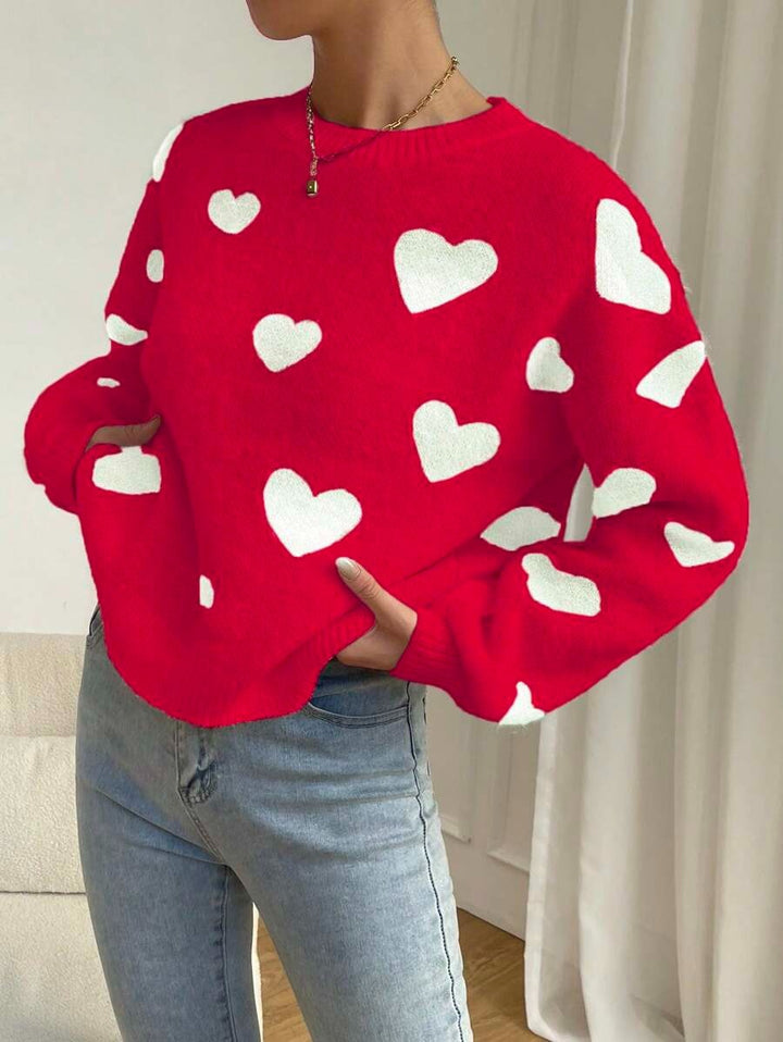 Damen Kuscheliger Strickpullover mit Herzmuster und weitem Schnitt Drune