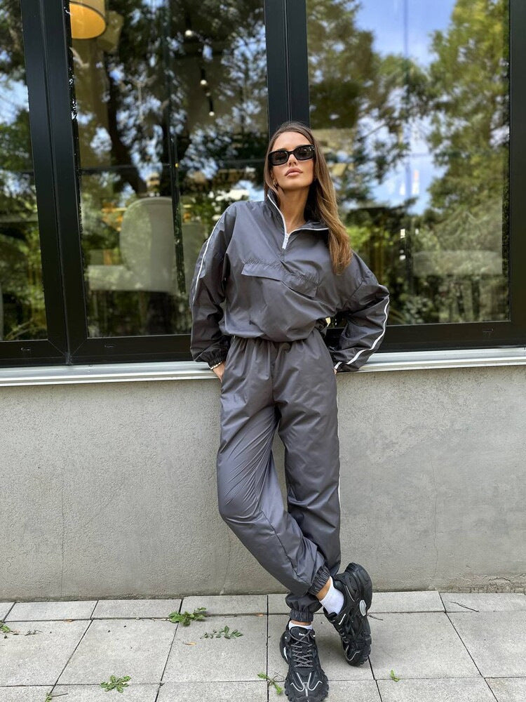 Damen sportlicher Windbreaker-Anzug mit hohem Kragen und elastischem Bund Drune