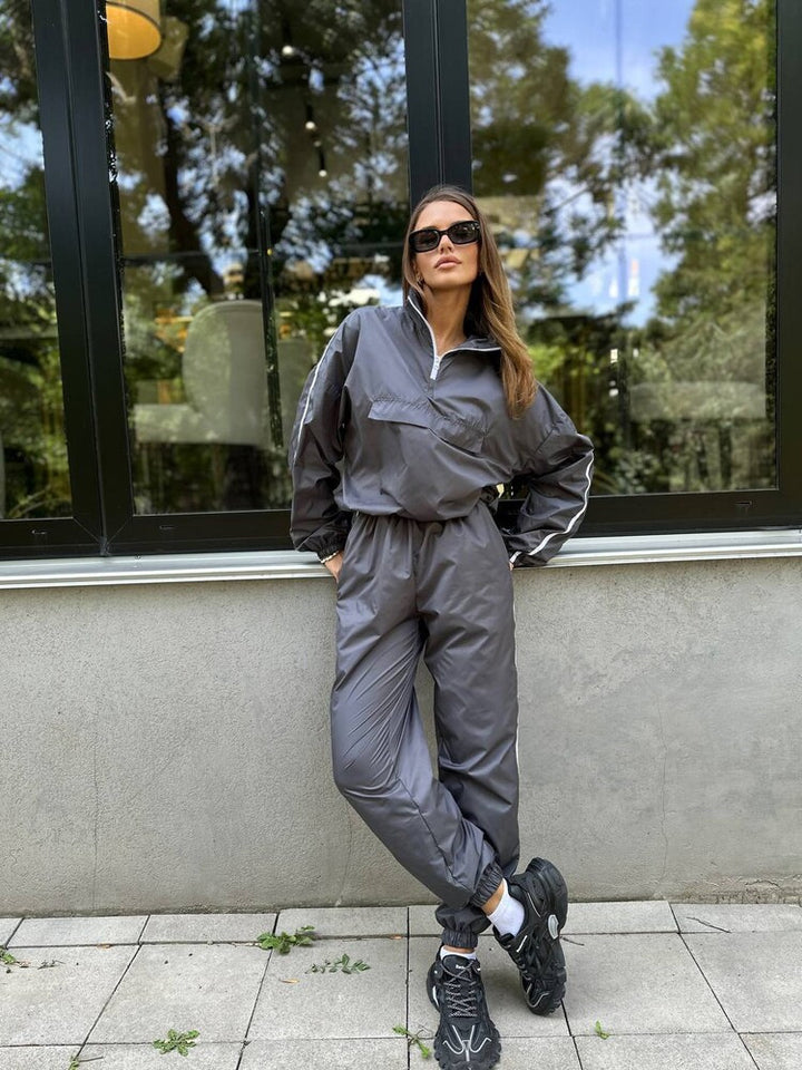 Damen sportlicher Windbreaker-Anzug mit hohem Kragen und elastischem Bund Drune