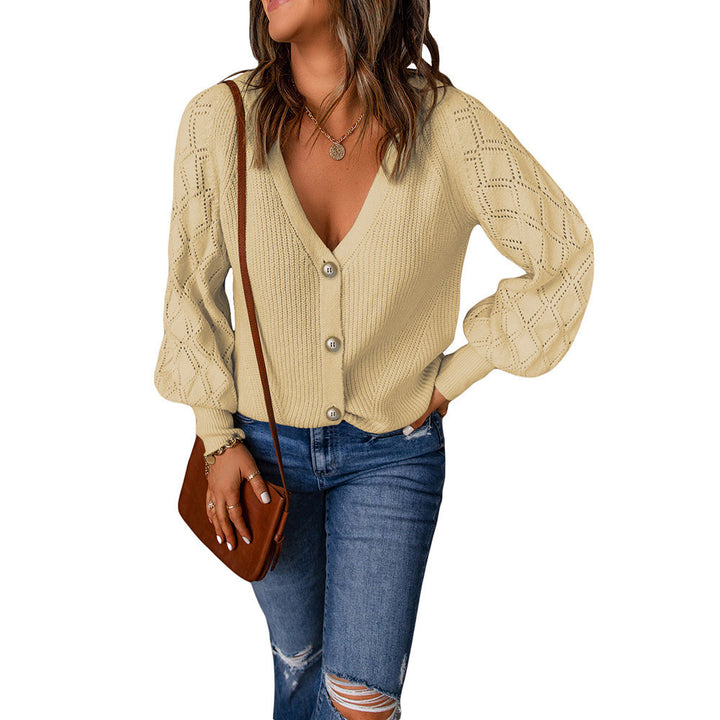 Damen Strickjacke mit V-Ausschnitt und Puffärmeln Drune