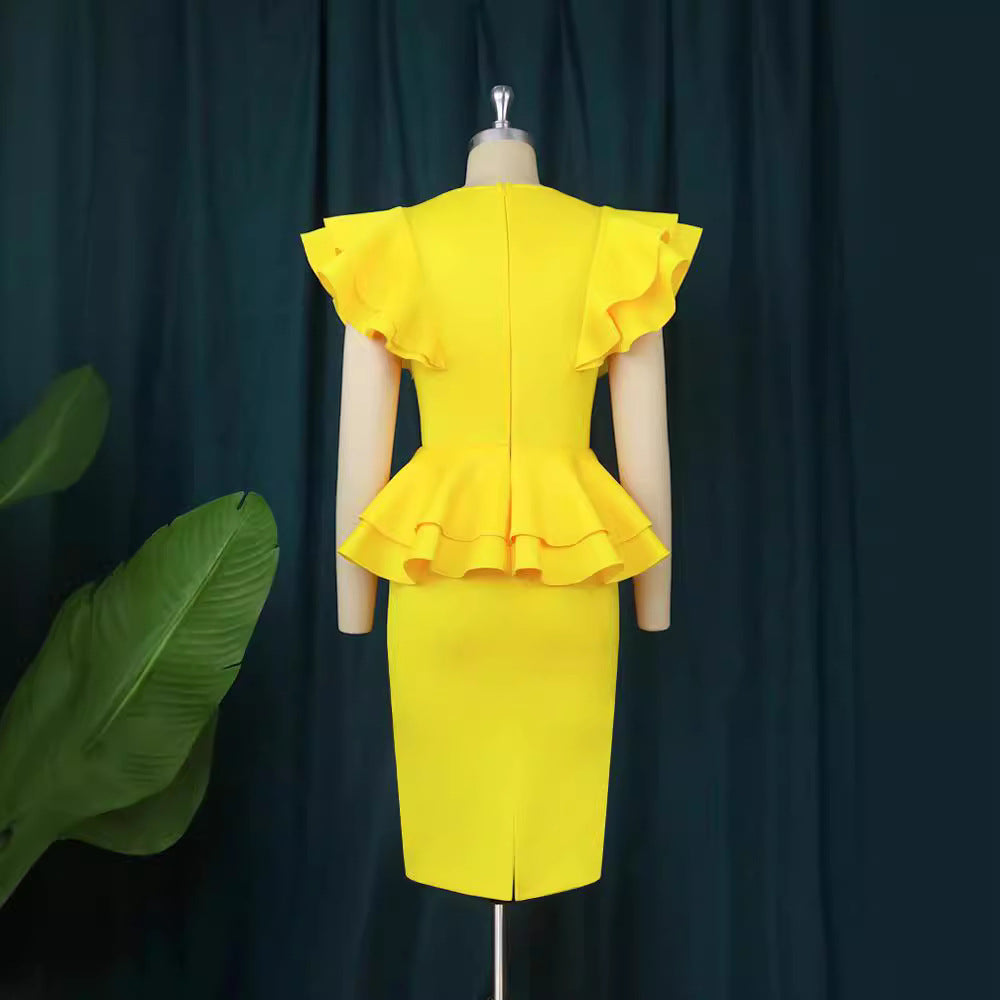 Damen figurbetontes Kleid mit voluminösen Rüschendetails Drune