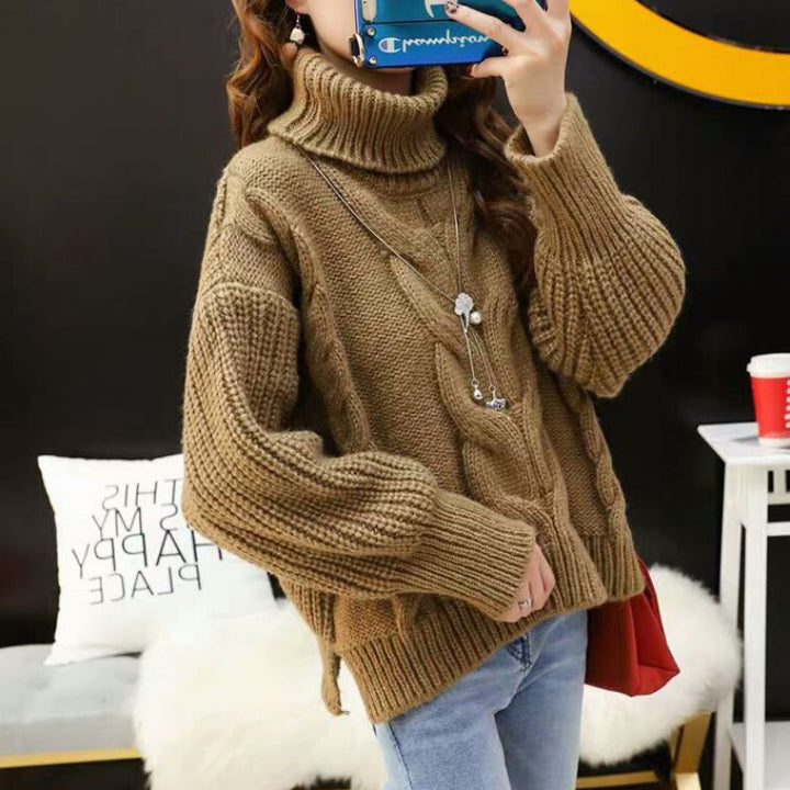 Damen Grobstrickpullover mit hohem Rollkragen und modernem Zopfmuster Drune