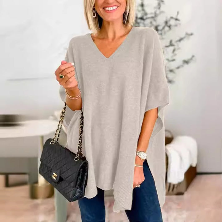 Damen lässiger Strickponcho mit V-Ausschnitt und überschnittenen Ärmeln Drune