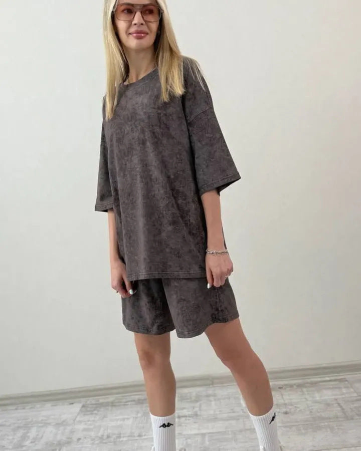Damen lässiges Kurzarm-Set aus weichem Material mit bequemen Shorts Drune