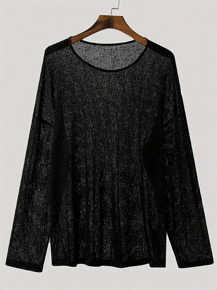 Damen nan locker fallendes Langarm-Feinstrickshirt mit feinem Rippenmuster und Rundhalsausschnitt Drune
