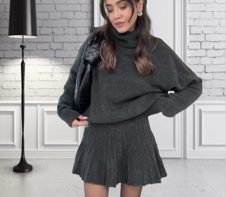 Damen Oversized Strickpullover mit hochwertiger Rippstruktur und passendem Minirock Drune