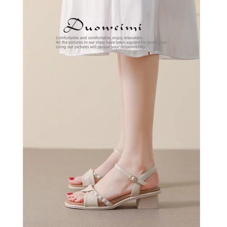Damen elegante Riemensandalen mit modischem Perlenakzent und komfortablem Blockabsatz Drune