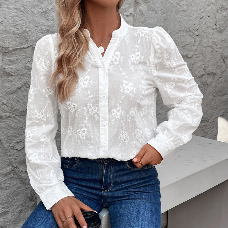 Damen Bluse mit floralem Stickdesign und eleganten Puffärmeln Drune