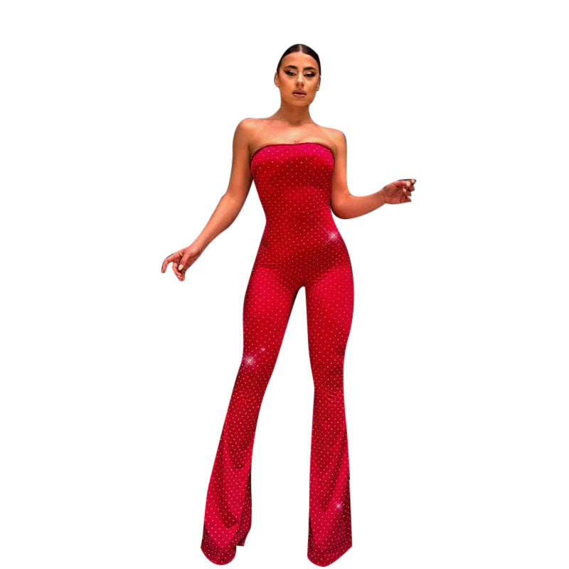 Damen schulterfreier Jumpsuit mit eleganten Pailletten und Schuhschnallen Drune