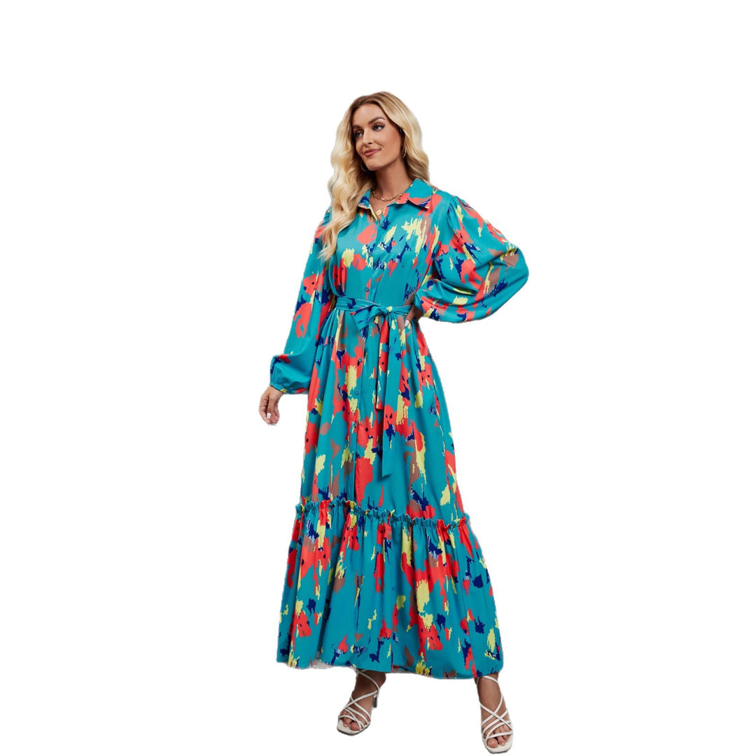 Damen Maxikleid mit farbenfrohem Floral-Design und elegantem Taillengürtel Drune