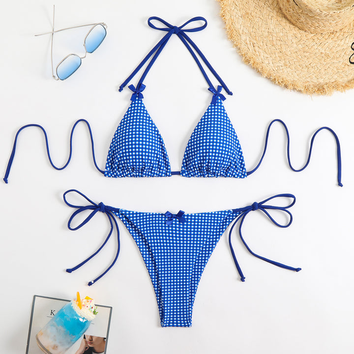 Damen Triangel-Bikini mit kariertem Muster und verspielten Schleifen Drune