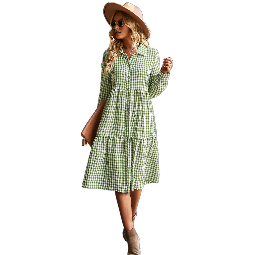 Damen karierte Midi-Bluse mit Knopfleiste und ausgestelltem Rock Drune