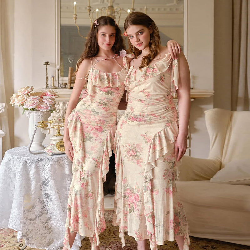 Damen Elegantes Fließendes Abendkleid mit Rüschendetails Drune