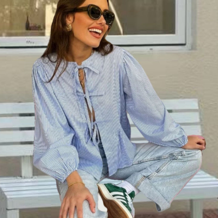 Damen Bluse mit Volantärmeln und Schleifenband Drune