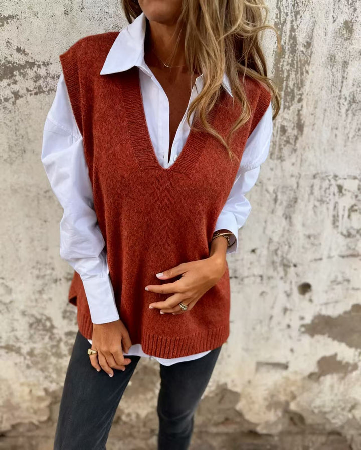 Damen lässiger Strickpullover mit V-Ausschnitt Drune