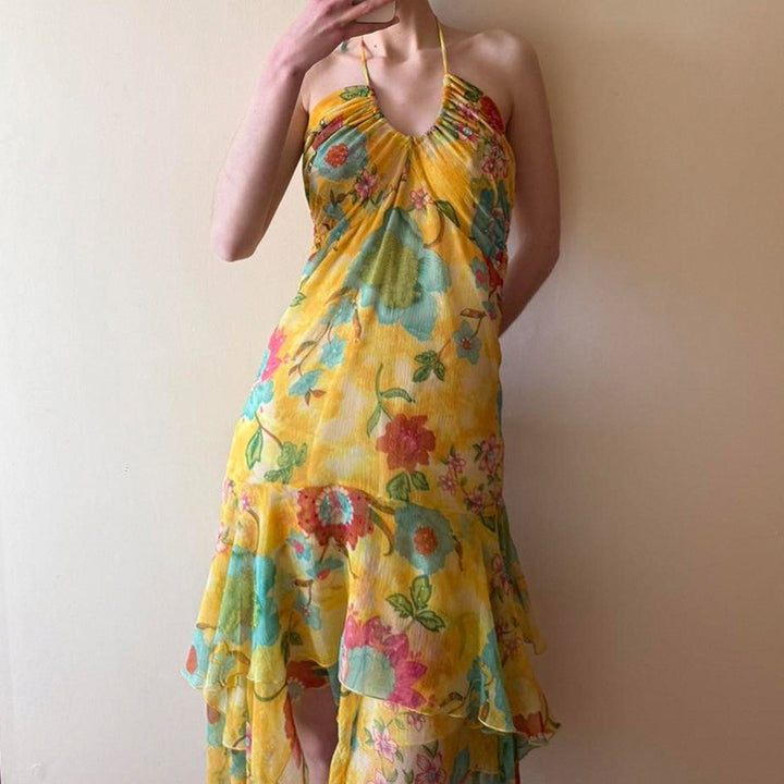 Damen fließendes Maxi-Kleid mit Blumenmuster und Rüschen Drune