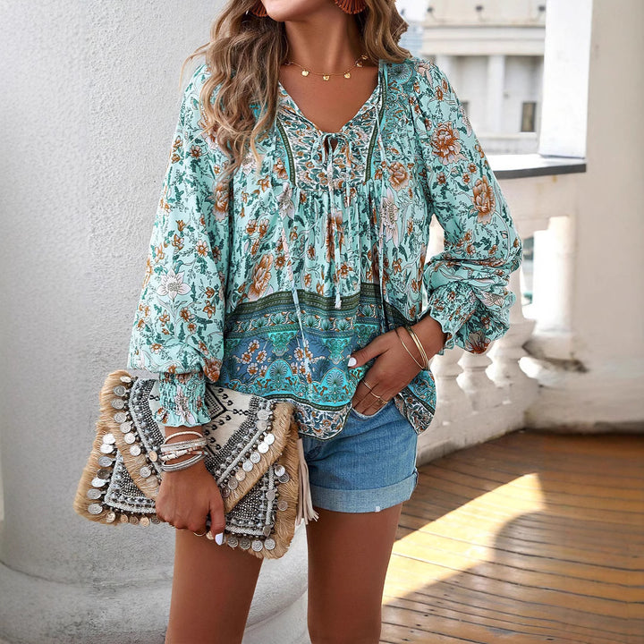 Damen Bluse mit floralen Mustern und weiten Ärmeln Drune