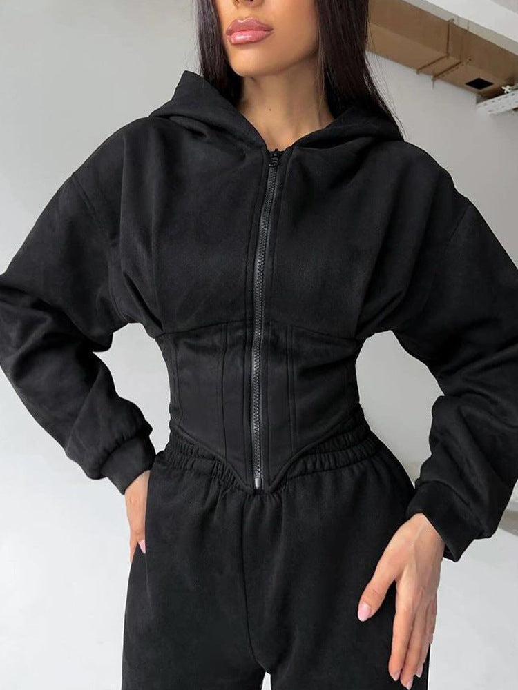Damen sportlicher Jumpsuit mit Reißverschluss und Kapuze Drune
