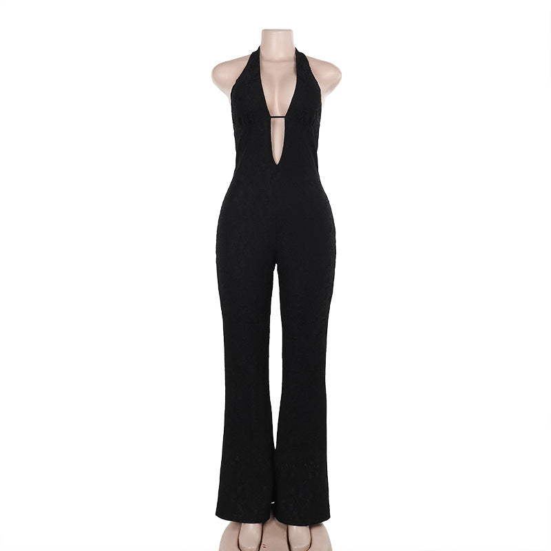 Damen Eleganter Jumpsuit mit tiefem V-Ausschnitt und figurbetonter Silhouette Drune