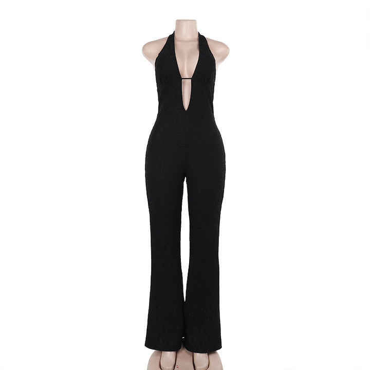 Damen Eleganter Jumpsuit mit tiefem V-Ausschnitt und figurbetonter Silhouette Drune