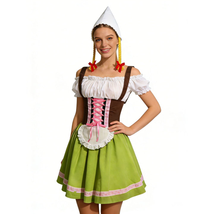 Damen nan traditionelles Oktoberfest Dirndl Kostüm mit Schnürkorsett, Schürze und Zipfelmütze Drune