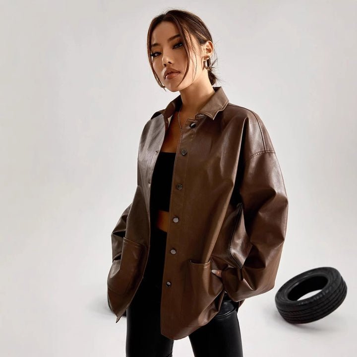 Damen Modische Oversized-Lederjacke Drune