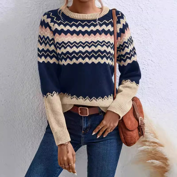 Damen trendiger Strickpullover mit geometrischem Zickzack-Muster und Rundhalsausschnitt Drune
