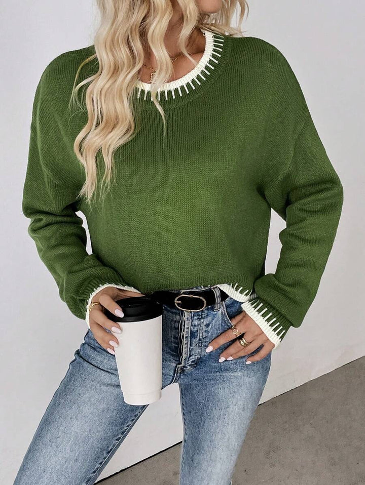 Damen Bequemer Strickpullover mit modischem Rundhalsausschnitt und farblich abgesetzten Details Drune