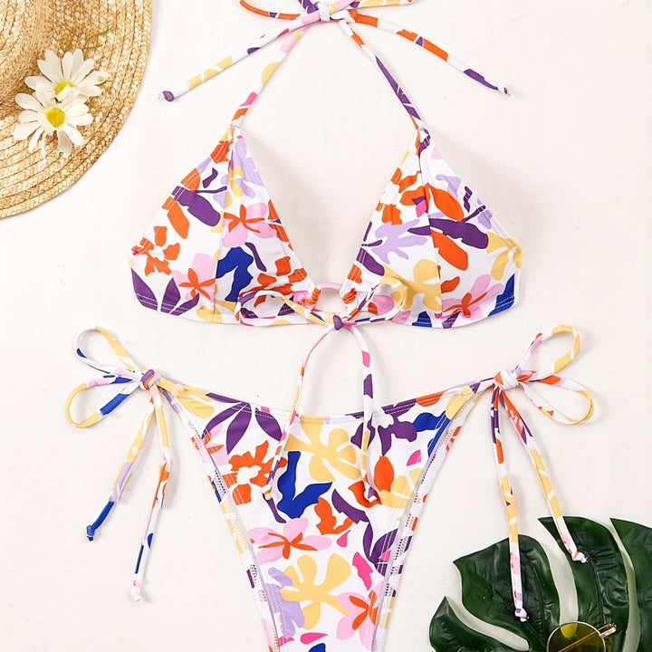 Damen Triangel-Bikini mit verstellbaren Schnüren und fröhlichem Blumenmuster Drune