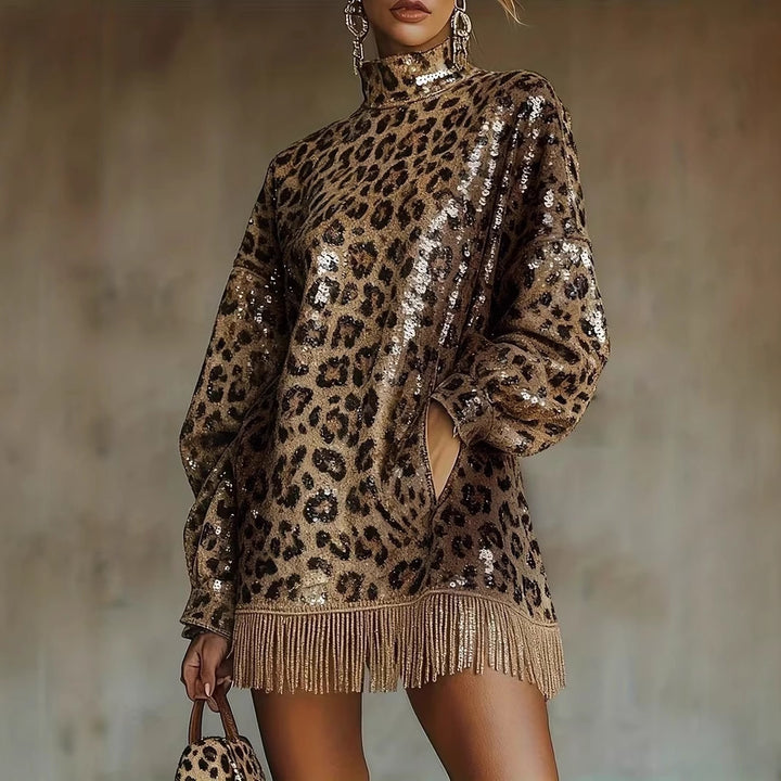 Damen Glitzerndes Kurzkleid mit Leopardenmuster und Fransen Drune
