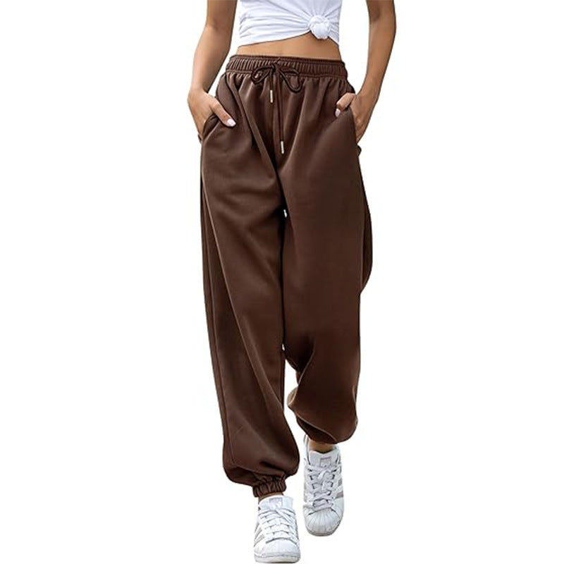 Damen nan weite High-Waist Jogginghose aus weichem Fleece mit elastischem Bund, Eingrifftaschen und engen Saumbündchen Drune