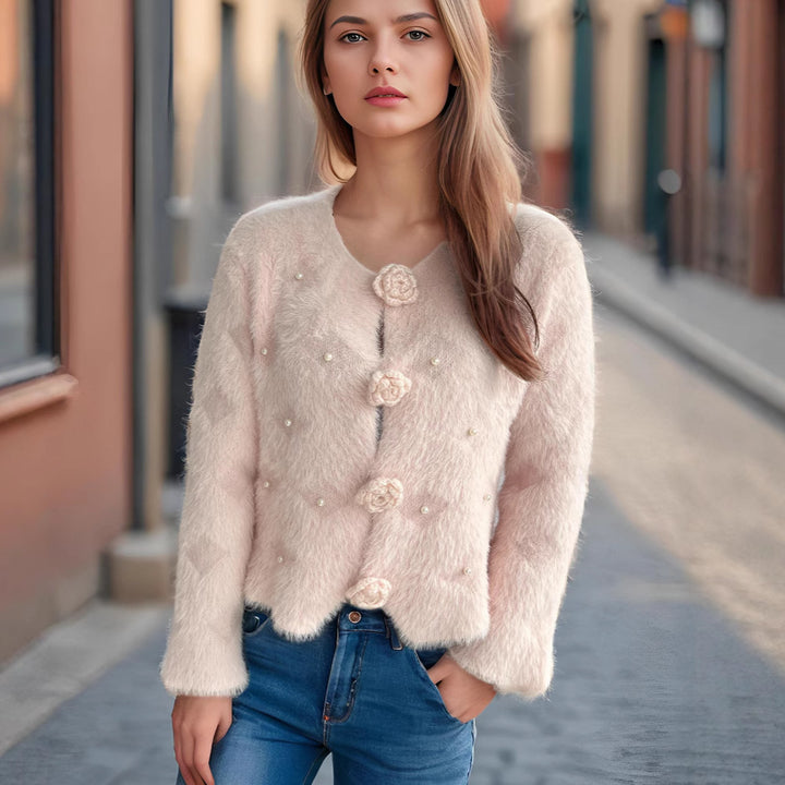Damen feine Strickjacke mit Blumenapplikationen und Perlenakzenten Drune