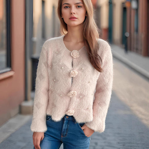 Damen feine Strickjacke mit Blumenapplikationen und Perlenakzenten Drune