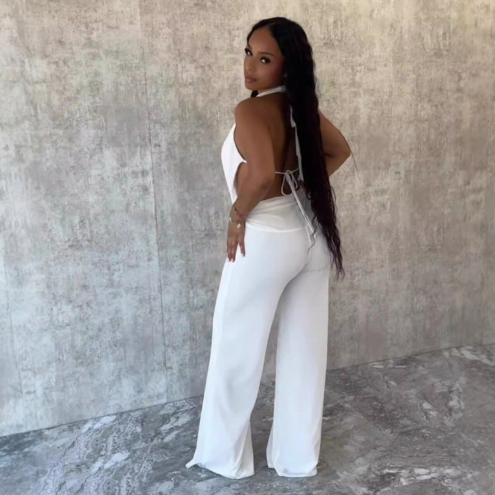Damen Eleganter Deep-V Jumpsuit mit geschwungenem Rücken und weit geschnittenen Beinen Drune