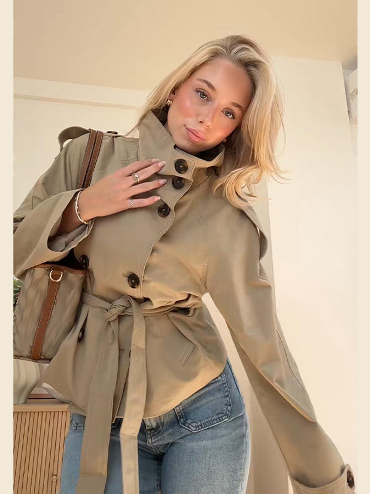 Damen stylische Übergangsjacke mit hohem Kragen und Taillengürtel Drune