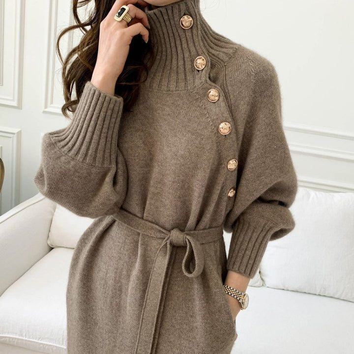 Damen Elegantes Strickkleid mit modischem Hochausschnitt und dekorativen Knöpfen Drune