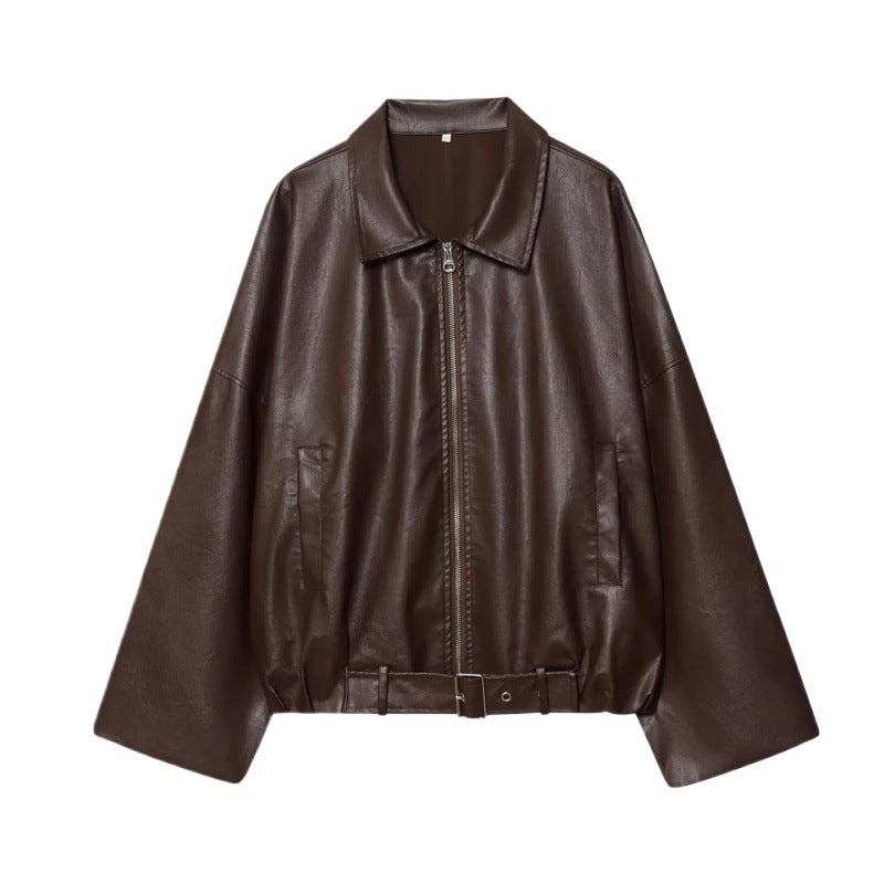 Damen cropped Kunstlederjacke im urbanen Stil mit breitem Kragen und praktischen Taschen Drune