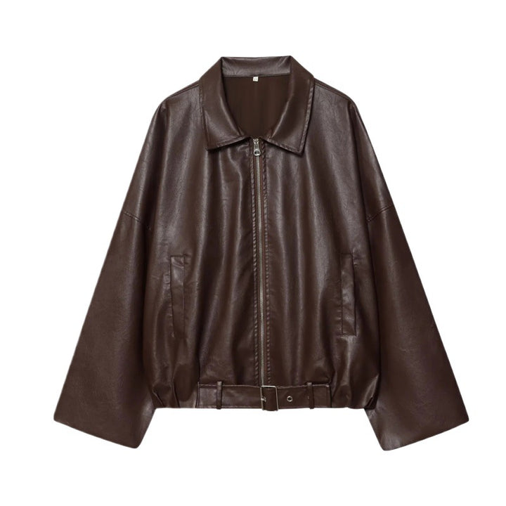 Damen cropped Kunstlederjacke im urbanen Stil mit breitem Kragen und praktischen Taschen Drune