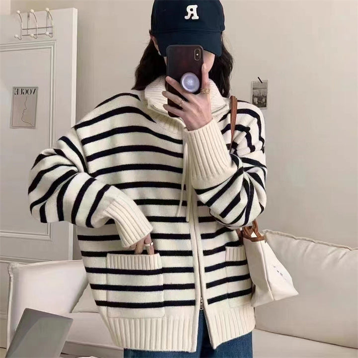 Damen Strickjacke mit modernem Streifenmuster und praktischen Taschen Drune
