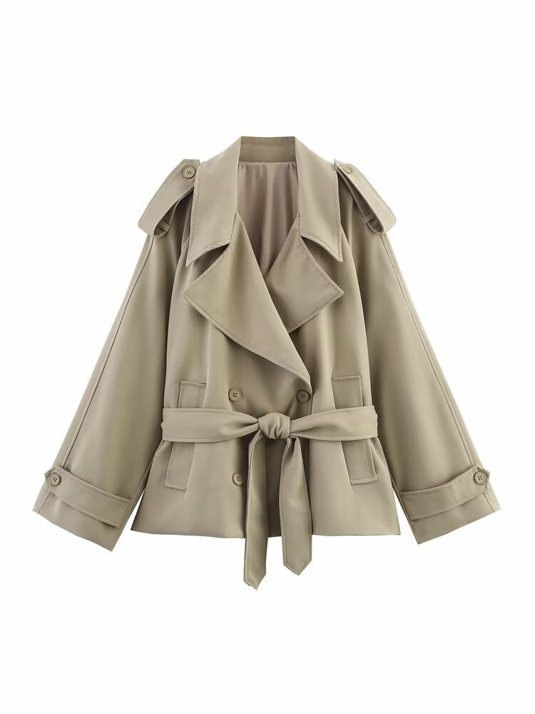 Damen nan kurze Trenchcoat-Jacke mit Taillengürtel und Doppelreiher Drune