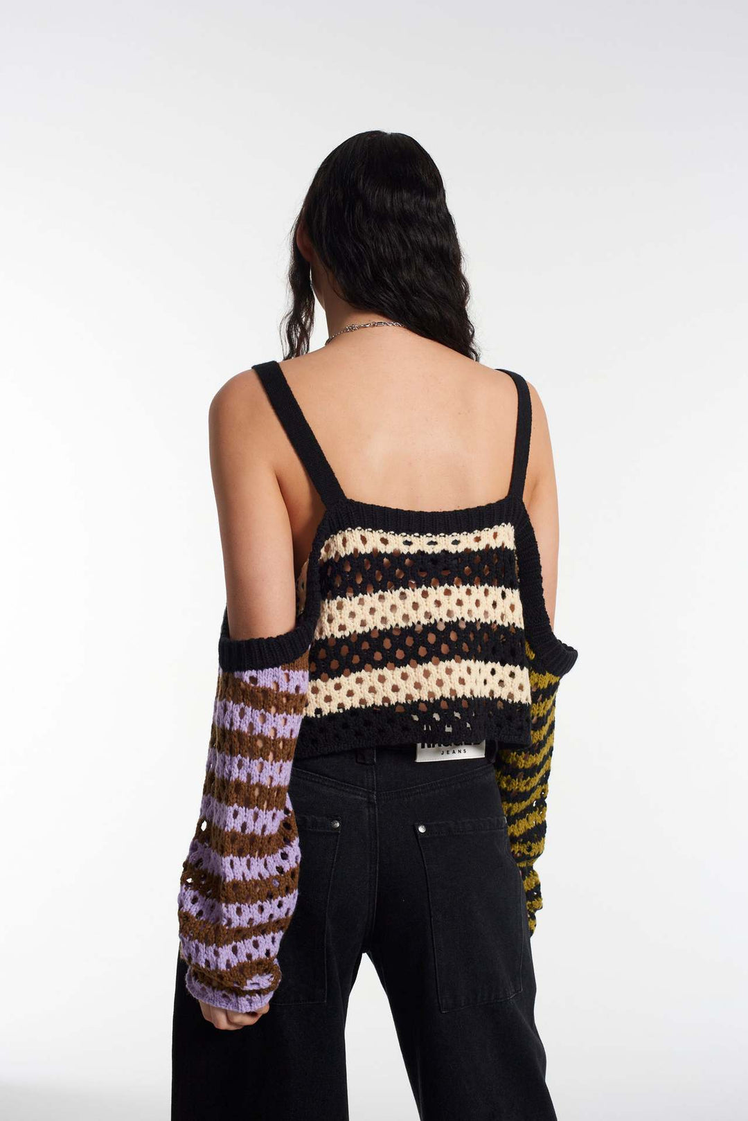 Damen gehäkeltes Crop-Top mit kreativen Streifen und dekorativen Ärmeln Drune