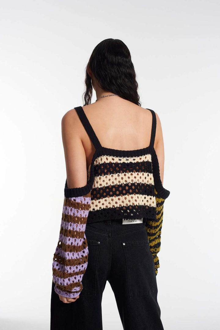 Damen gehäkeltes Crop-Top mit kreativen Streifen und dekorativen Ärmeln Drune