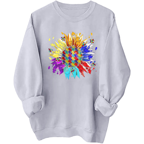 Damen Sweatshirt mit kreativem Puzzle-Blumenmotiv und bequemer Passform Drune