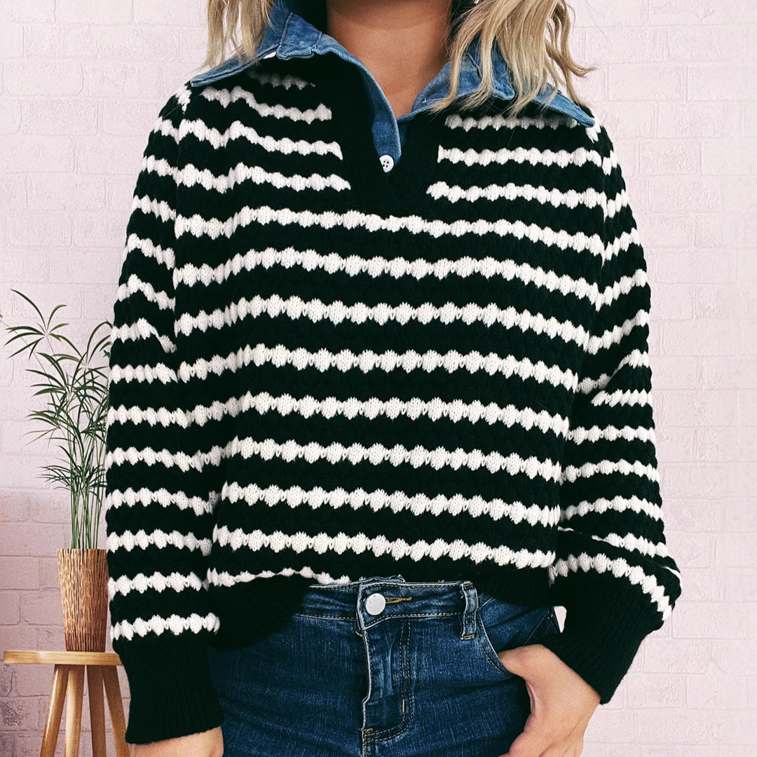 Damen Strickpullover mit tiefem V-Ausschnitt und markantem Streifenmuster Drune