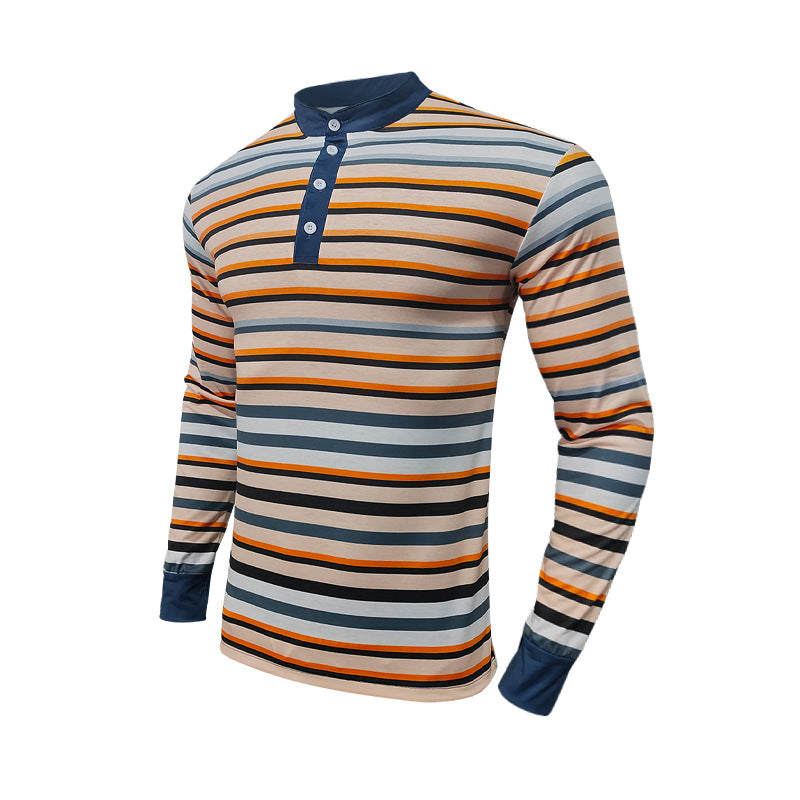 Herren nan gestreiftes Langarm-Henleyshirt mit Stehkragen und Knopfleiste Drune