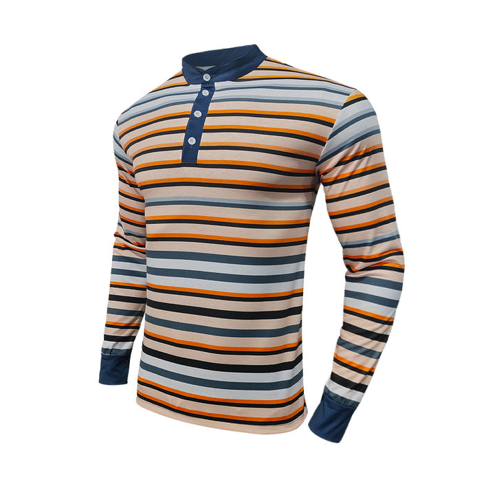 Herren nan gestreiftes Langarm-Henleyshirt mit Stehkragen und Knopfleiste Drune
