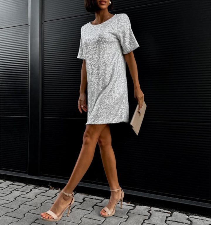 Damen Glänzendes Paillettenkleid mit kurzem Schnitt und bequemen Rundhalsausschnitt Drune