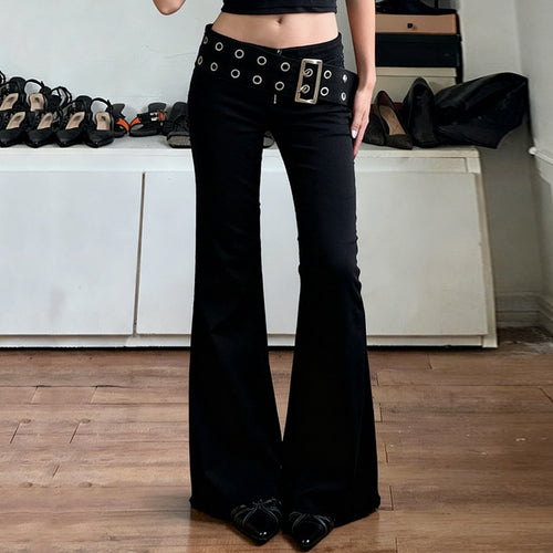 Damen Flared Jeans mit verstellbarem Gürtel und modischem Lochdesign Drune