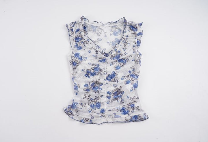 Damen Elegantes Spitzenoberteil mit floralen Akzenten und Rüschen Drune