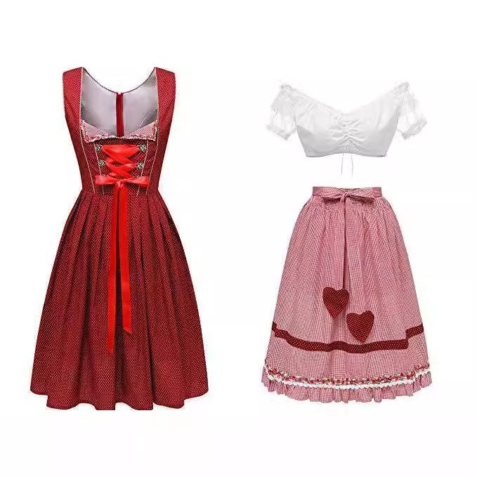 Damen nan alpines Midi-Trachtenkleid mit geschnürtem Mieder, Kurzbluse und dekorativer Herzschürze Drune